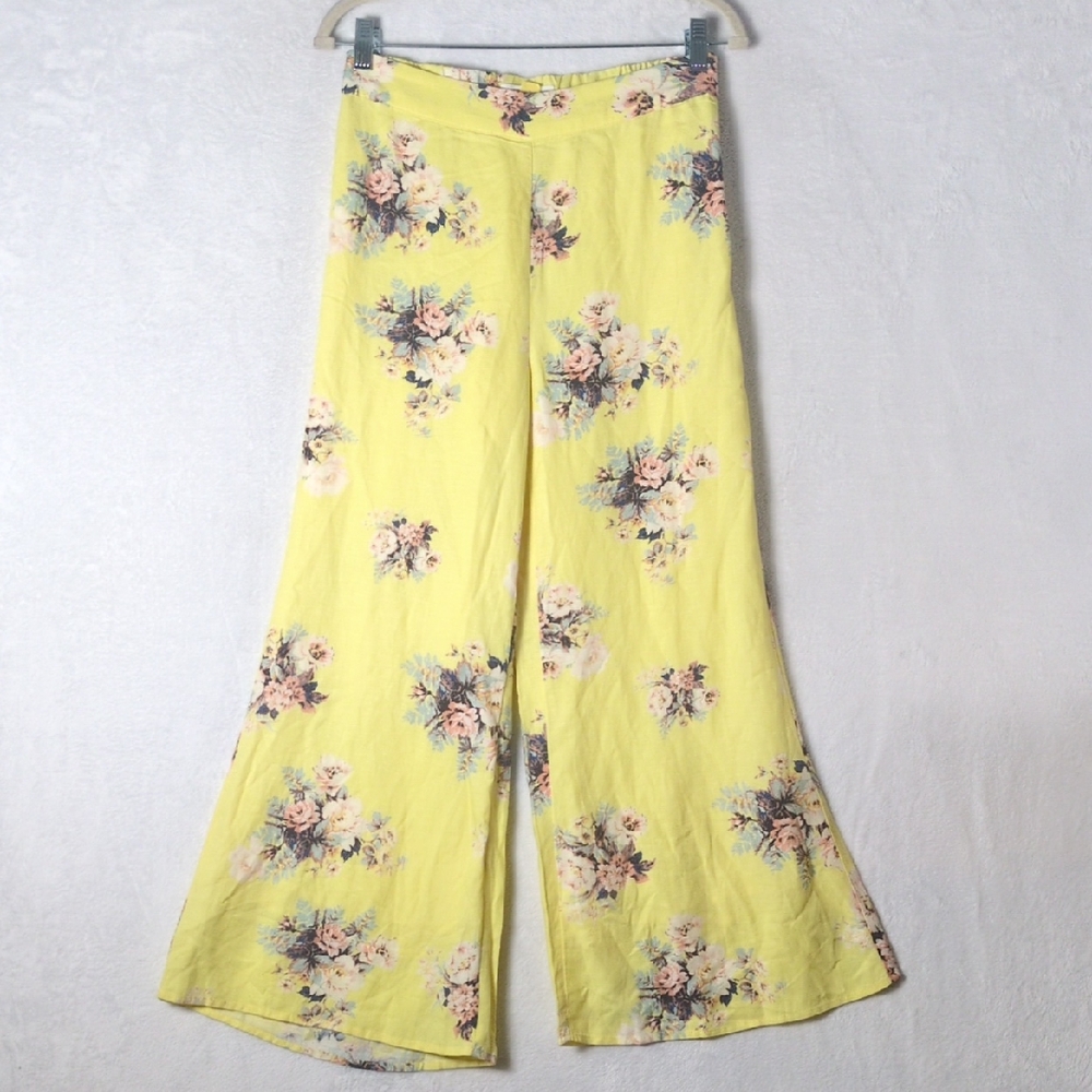 Feather Bone Anthropologie Women's Baby Yellow‎ Floral Wide Leg Cropped Pants 2